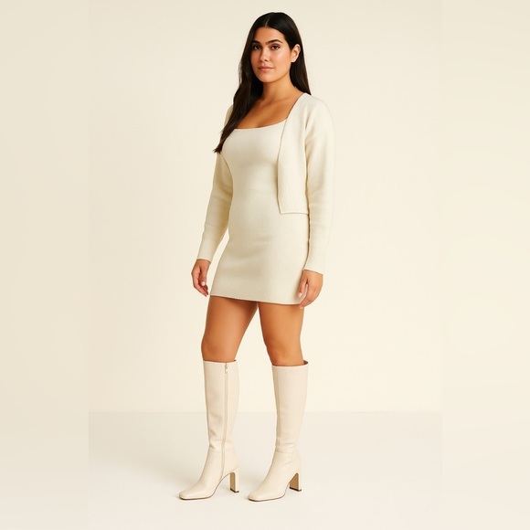 Zara Style Cream Knee-High Boots | Square Toe Block Heel | Minimal Chic Size 10 - Picture 2 of 7